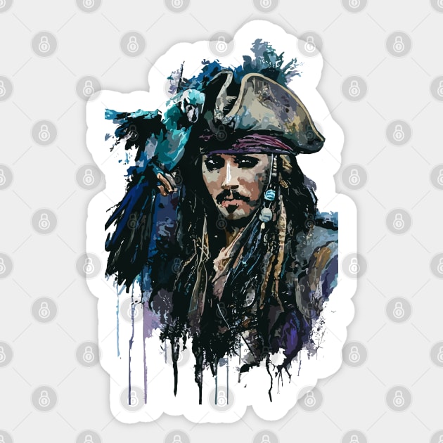 Pirate with Parrot in Old Classic Costume with Furious Face in Ink Painting Style Sticker by diegotorres